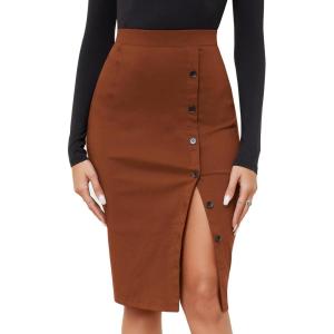 imageByinns Womens 2025 High Waist Pencil Skirt Button Slit Work Skirts Plaid Business Bodycon Midi Skirt Knee LengthCaramel