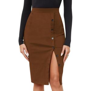 imageByinns Womens 2025 High Waist Pencil Skirt Button Slit Work Skirts Plaid Business Bodycon Midi Skirt Knee LengthCoffee