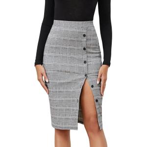 imageByinns Womens 2025 High Waist Pencil Skirt Button Slit Work Skirts Plaid Business Bodycon Midi Skirt Knee LengthGray Black Plaid
