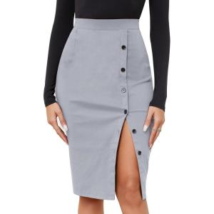 imageByinns Womens 2025 High Waist Pencil Skirt Button Slit Work Skirts Plaid Business Bodycon Midi Skirt Knee LengthGrey