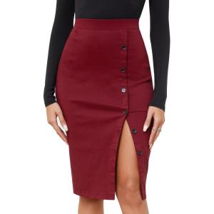 imageByinns Womens 2025 High Waist Pencil Skirt Button Slit Work Skirts Plaid Business Bodycon Midi Skirt Knee LengthWine Red