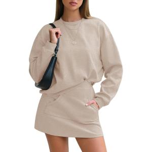 imageEXLURA Women 2 Piece Sets Cotton Tracksuits Workout Set Crewneck Sweatshirt Skort Short Skirt Fall Tennis Sweat Suits PocketsApricot