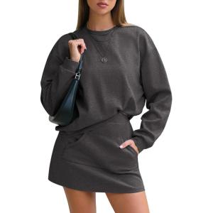 imageEXLURA Women 2 Piece Sets Cotton Tracksuits Workout Set Crewneck Sweatshirt Skort Short Skirt Fall Tennis Sweat Suits PocketsDark Grey