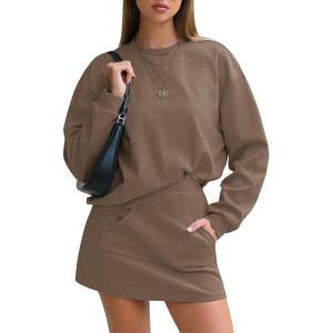 imageEXLURA Women 2 Piece Sets Cotton Tracksuits Workout Set Crewneck Sweatshirt Skort Short Skirt Fall Tennis Sweat Suits PocketsLight Coffee
