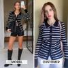 imageEXLURA Womens Fall Striped Cardigan Sweaters Long Sleeve Button Up Polo Collar Sweater Slim Knit Lightweight Trendy Tops 2025Black White Stripe