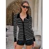 imageEXLURA Womens Fall Striped Cardigan Sweaters Long Sleeve Button Up Polo Collar Sweater Slim Knit Lightweight Trendy Tops 2025Black White Stripe