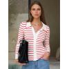 imageEXLURA Womens Fall Striped Cardigan Sweaters Long Sleeve Button Up Polo Collar Sweater Slim Knit Lightweight Trendy Tops 2025Red Stripe