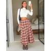 imageEXLURA Womens Flannel Plaid Long Skirts High Waist A Line Flared Pleated Maxi Skirt Dress Casual Vintage Office with PocketsWine Red Plaid