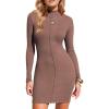 imageEXLURA Womens Fall Long Sleeve Mock Neck Mini Dress Stretchy Slim Fit Sexy Party Club Cocktail Bodycon Dresses Winter 2025Brown