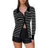 imageEXLURA Womens Fall Striped Cardigan Sweaters Long Sleeve Button Up Polo Collar Sweater Slim Knit Lightweight Trendy Tops 2025Black White Stripe