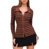 imageEXLURA Womens Fall Striped Cardigan Sweaters Long Sleeve Button Up Polo Collar Sweater Slim Knit Lightweight Trendy Tops 2025Brown Black Stripe