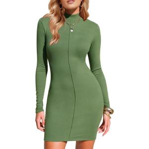 imageEXLURA Womens Fall Long Sleeve Mock Neck Mini Dress Stretchy Slim Fit Sexy Party Club Cocktail Bodycon Dresses Winter 2025Army Green