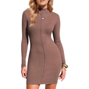 imageEXLURA Womens Fall Long Sleeve Mock Neck Mini Dress Stretchy Slim Fit Sexy Party Club Cocktail Bodycon Dresses Winter 2025Brown