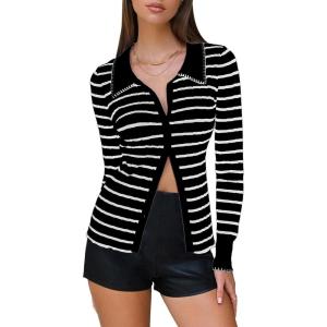 imageEXLURA Womens Fall Striped Cardigan Sweaters Long Sleeve Button Up Polo Collar Sweater Slim Knit Lightweight Trendy Tops 2025Black White Stripe