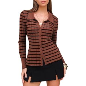 imageEXLURA Womens Fall Striped Cardigan Sweaters Long Sleeve Button Up Polo Collar Sweater Slim Knit Lightweight Trendy Tops 2025Brown Black Stripe