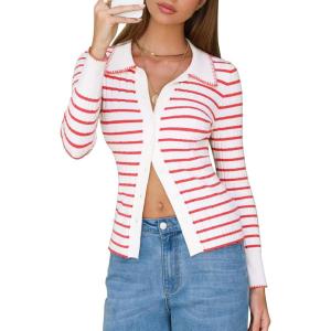imageEXLURA Womens Fall Striped Cardigan Sweaters Long Sleeve Button Up Polo Collar Sweater Slim Knit Lightweight Trendy Tops 2025Red Stripe