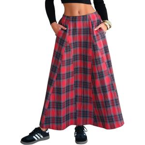 imageEXLURA Womens Flannel Plaid Long Skirts High Waist A Line Flared Pleated Maxi Skirt Dress Casual Vintage Office with PocketsBlack Red Plaid