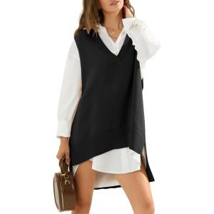 imageEXLURA Womens Oversized Sweater Vest Knit V Neck Tunic Casual Sleeveless Long Pullover Tank Tops Fall Winter Trendy 2025Black