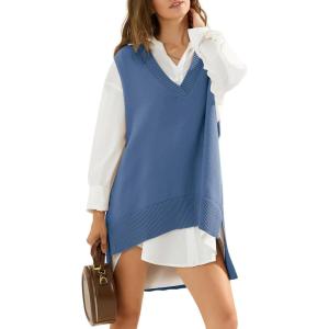 imageEXLURA Womens Oversized Sweater Vest Knit V Neck Tunic Casual Sleeveless Long Pullover Tank Tops Fall Winter Trendy 2025Blue
