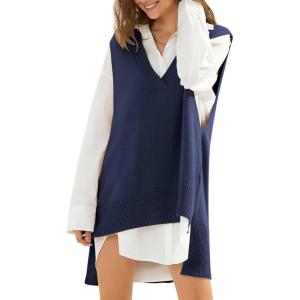 imageEXLURA Womens Oversized Sweater Vest Knit V Neck Tunic Casual Sleeveless Long Pullover Tank Tops Fall Winter Trendy 2025Dark Blue