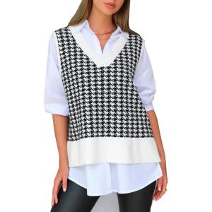 imageEXLURA Womens Oversized Sweater Vest Knit V Neck Tunic Casual Sleeveless Long Pullover Tank Tops Fall Winter Trendy 2025Houndstooth