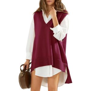 imageEXLURA Womens Oversized Sweater Vest Knit V Neck Tunic Casual Sleeveless Long Pullover Tank Tops Fall Winter Trendy 2025Wine Red