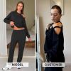 imageEXLURA Womens 2 Piece Cold Shoulder Tracksuit Long Sleeve Cotton Jogger Pants Sweatsuit 2025Black