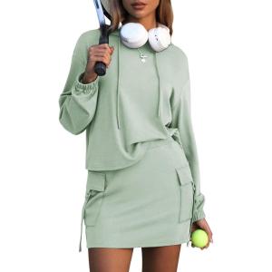 imageEXLURA Women 2 Piece Sets Cotton Sweatsuits Fall Hooded Sweatshirt Cargo Skort Skirt Stretchy Tracksuit Casual Tennis PocketsGrey Green