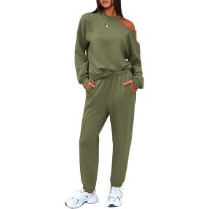 imageEXLURA Womens 2 Piece Cold Shoulder Tracksuit Long Sleeve Cotton Jogger Pants Sweatsuit 2025Amry Green