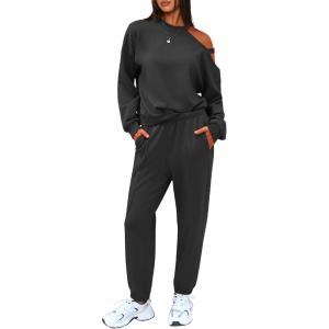 imageEXLURA Womens 2 Piece Cold Shoulder Tracksuit Long Sleeve Cotton Jogger Pants Sweatsuit 2025Black