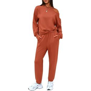imageEXLURA Womens 2 Piece Cold Shoulder Tracksuit Long Sleeve Cotton Jogger Pants Sweatsuit 2025Caramel