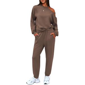imageEXLURA Womens 2 Piece Cold Shoulder Tracksuit Long Sleeve Cotton Jogger Pants Sweatsuit 2025Dark Brown