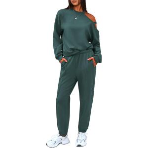 imageEXLURA Womens 2 Piece Cold Shoulder Tracksuit Long Sleeve Cotton Jogger Pants Sweatsuit 2025Dark Green