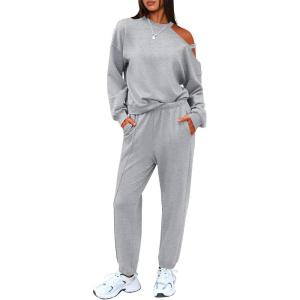 imageEXLURA Womens 2 Piece Cold Shoulder Tracksuit Long Sleeve Cotton Jogger Pants Sweatsuit 2025Grey