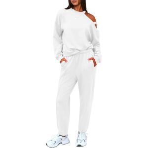 imageEXLURA Womens 2 Piece Cold Shoulder Tracksuit Long Sleeve Cotton Jogger Pants Sweatsuit 2025White