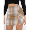 imageEXLURA Womens Fashion Faux Wool Mini Skirt High Waisted Y2K Trendy Side Slit Tweed Plaid Skirts 2025 Fall Winter OutfitsBrown