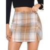 imageEXLURA Womens Fashion Faux Wool Mini Skirt High Waisted Y2K Trendy Side Slit Tweed Plaid Skirts 2025 Fall Winter OutfitsBrown
