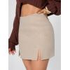 imageEXLURA Womens Fashion Faux Wool Mini Skirt High Waisted Y2K Trendy Side Slit Tweed Plaid Skirts 2025 Fall Winter OutfitsKhaki