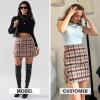 imageEXLURA Womens Fashion Faux Wool Mini Skirt High Waisted Y2K Trendy Side Slit Tweed Plaid Skirts 2025 Fall Winter OutfitsRed