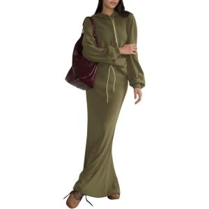 imageEXLURA Women 2 Piece Skirt Sets Fall Long Sleeve Hoodies Matching Long Dress Sweatsuits Lounge Set Travel Outfits Winter 2025Army Green