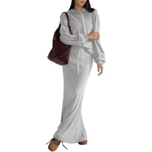 imageEXLURA Women 2 Piece Skirt Sets Fall Long Sleeve Hoodies Matching Long Dress Sweatsuits Lounge Set Travel Outfits Winter 2025Grey