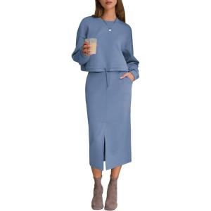 imageEXLURA Womens 2 Piece Skirts Set Fall Fashion 2025 Drawstring Sweatshirts Midi Dress Lounge Travel Outfits Winter ClothingGery Blue
