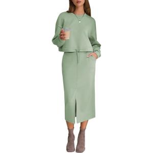 imageEXLURA Womens 2 Piece Skirts Set Fall Fashion 2025 Drawstring Sweatshirts Midi Dress Lounge Travel Outfits Winter ClothingGrey Green
