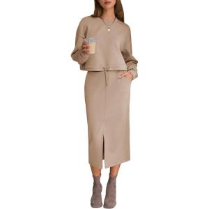 imageEXLURA Womens 2 Piece Skirts Set Fall Fashion 2025 Drawstring Sweatshirts Midi Dress Lounge Travel Outfits Winter ClothingKhaki