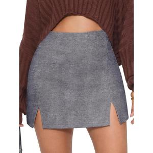 imageEXLURA Womens Fashion Faux Wool Mini Skirt High Waisted Y2K Trendy Side Slit Tweed Plaid Skirts 2025 Fall Winter OutfitsGrey