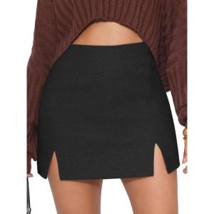 imageEXLURA Womens Fashion Faux Wool Mini Skirt High Waisted Y2K Trendy Side Slit Tweed Plaid Skirts 2025 Fall Winter OutfitsNew Black