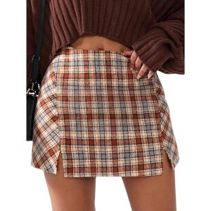 imageEXLURA Womens Fashion Faux Wool Mini Skirt High Waisted Y2K Trendy Side Slit Tweed Plaid Skirts 2025 Fall Winter OutfitsOrange