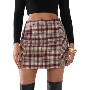 imageEXLURA Womens Fashion Faux Wool Mini Skirt High Waisted Y2K Trendy Side Slit Tweed Plaid Skirts 2025 Fall Winter OutfitsRed