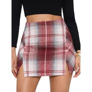 imageEXLURA Womens Fashion Faux Wool Mini Skirt High Waisted Y2K Trendy Side Slit Tweed Plaid Skirts 2025 Fall Winter OutfitsWine Red