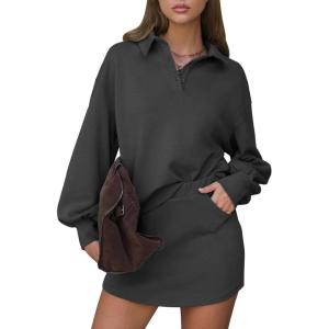 imageEXLURA Women Two Piece Sets 2025 Casual Polo Sweatshirt Skorts Matching Set Short Tennis Skirt Fall Workout Tracksuit OutfitsDark Grey